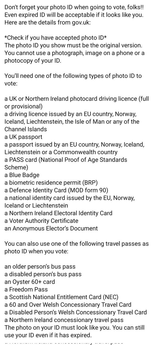 JohnMcArts's tweet photo. Don't forget your photo ID when going to vote, folks!! Even expired ID will be acceptable if it looks like you. Here are the details from https://t.co/Gbrzf9TqAS:

https://t.co/56oVi6iI1H

#GeneralElection2024 #ge2024 https://t.co/Y47PT36zb7