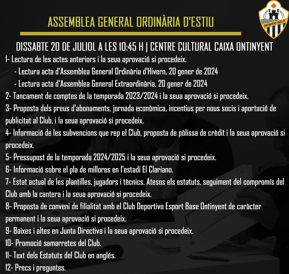🏛️ #Assemblea | Convocatòria Assemblea General Ordinària d'estiu

📅 Dissabte 20 de juliol a les 10:45 h

📌 Saló d’Actes del Centre Cultural Caixa Ontinyent

👕 El club regalarà un pin de l'Ontinyent 1931 CF als assistents a l'assemblea, i també es sortejaran 2 camisetes noves!
