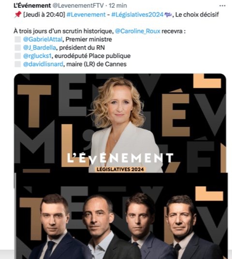 Sur le plateau de <a href="/LevenementFTV/">L'Événement</a> ce soir, 3 invités habituels, <a href="/GabrielAttal/">Gabriel Attal</a>, <a href="/J_Bardella/">Jordan Bardella</a>, <a href="/rglucks1/">Raphael Glucksmann</a>, et à leur côté, au moment où  tout est à reconstruire, une voix singulière et forte porteuse d'avenir, celle de <a href="/davidlisnard/">David Lisnard</a>, maire de Cannes. président <a href="/Nouv_Energie/">Nouvelle Énergie</a>. Espoir !