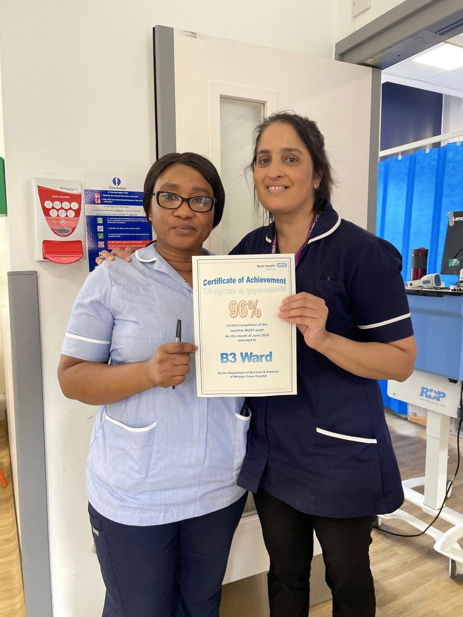 Special commendation for huge improvements in monthly MUST screening accuracy - up to 96% - well done B3! 🙌 <a href="/QiWhipps/">Whipps Cross Quality Improvement Team 💙</a> <a href="/wx_medicine/">Division of Medicine WX</a> <a href="/WxhNMAHP_educa/">WXH_NMAHP_education</a> <a href="/BH__Academy/">Barts Health Education Academy</a> <a href="/Viv_WXTherapies/">Viv_WXTherapies</a> <a href="/bartsNHSlibrary/">Barts Health Knowledge and Library Services</a> <a href="/NHSBartsHealth/">Barts Health</a> <a href="/BHstaffside/">Barts Health Staffside</a> #MUST