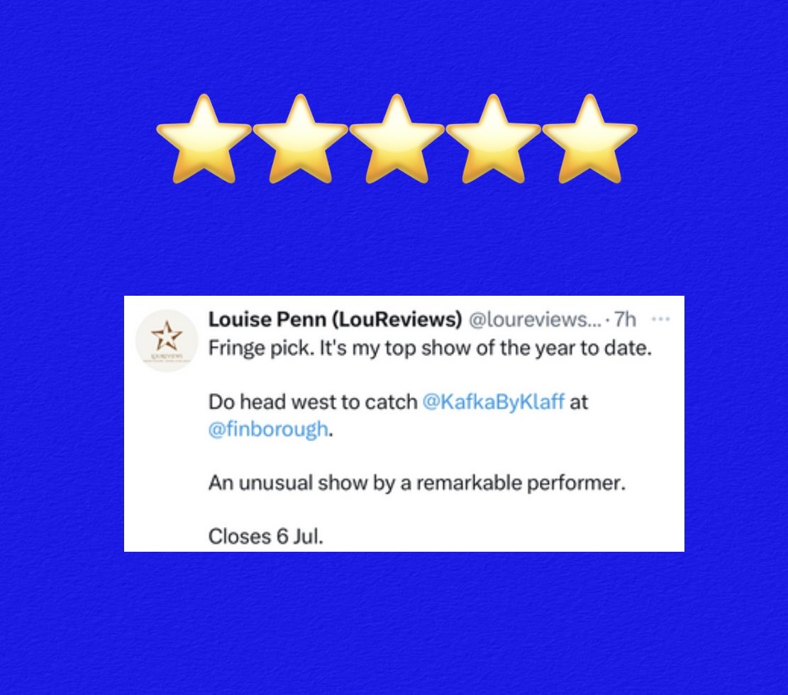 Kafka by Jack Klaff

Book now: 
finboroughtheatre.co.uk/production/Kaf…

<a href="/finborough/">Finborough Theatre</a>

Until July 6
 
#Kafka  #Fringepick  #topshow #showoftheyear #Defiesdefinition #Londontheatre