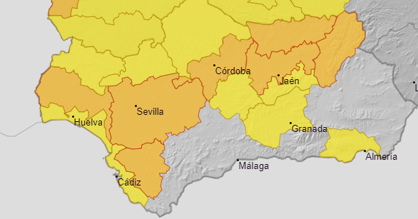 E112Andalucia's tweet image. 📌ACTUALIZACIÓN  @AEMET_Esp activa el aviso naranja por altas temperaturas para hoy también en la provincia de #Huelva, en las comarcas del #Andévalo y #Condado desde las 13:00 a las 21:00 horas 

#Protégete