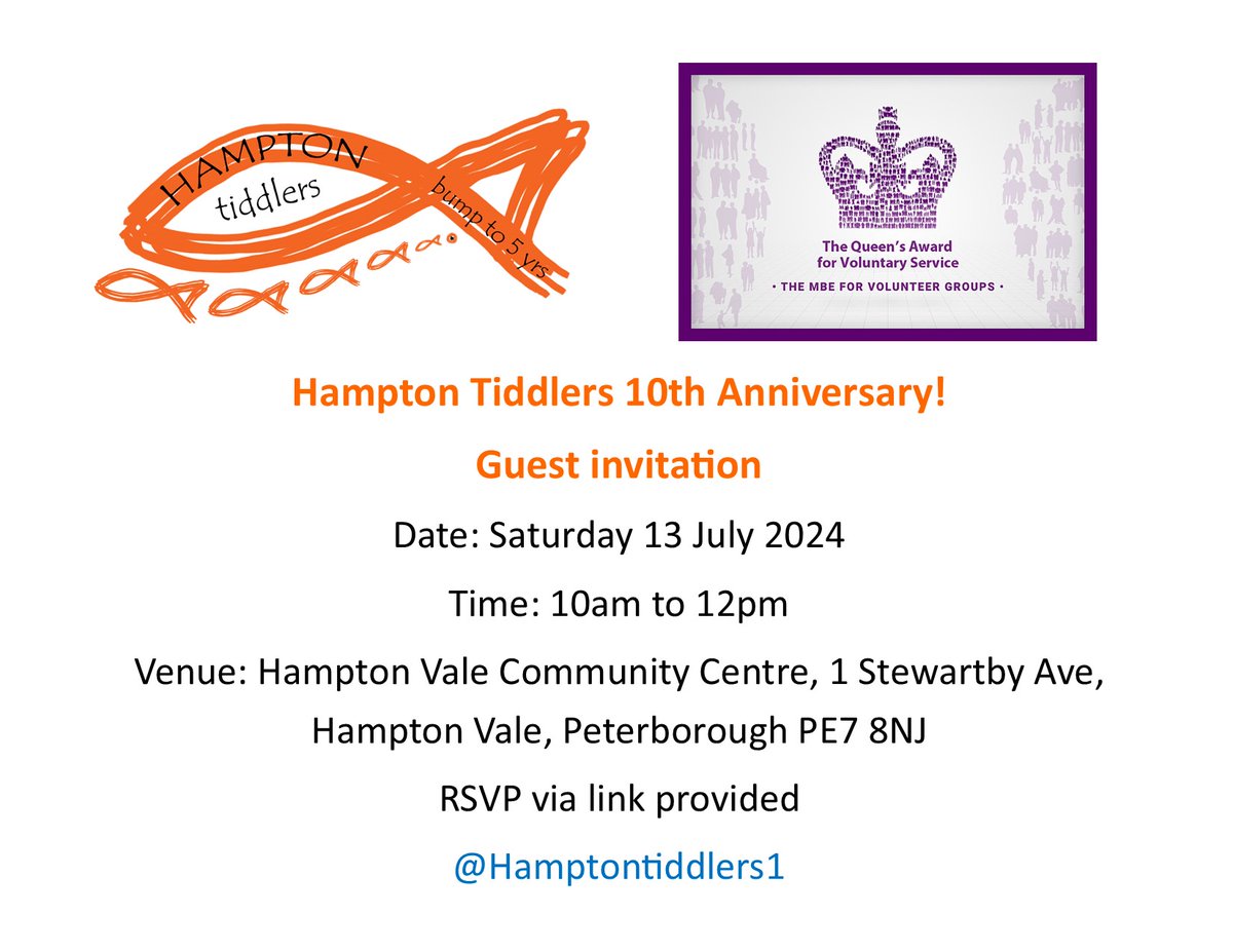 Hamptontiddler1's tweet photo. Hampton Tiddlers celebrates 10 years of volunteering on 13 July.
In 2019 @Lord_Lt_Cambs presented us Queen's Award for Voluntary Service. 
The group is still 100% led and run by volunteers after a decade. 
RSVP by 6th July  - https://t.co/HNImSSq3gO https://t.co/lQbxKl3uzl