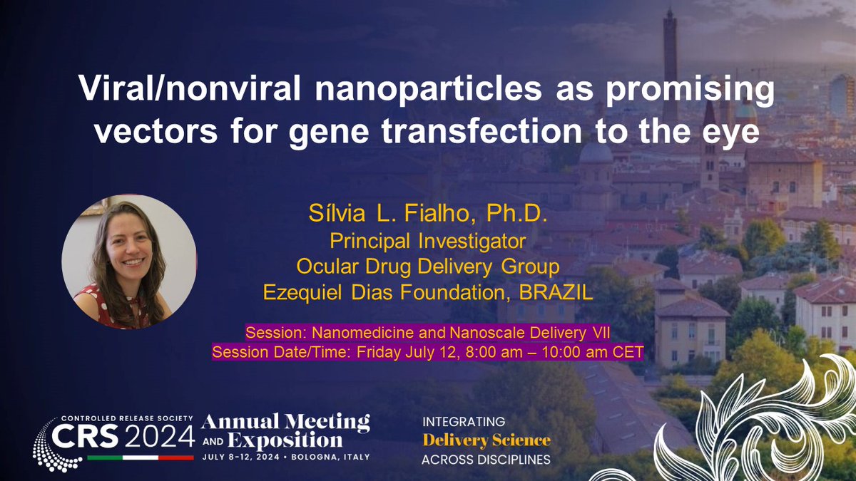 CRS Focus Group - Ocular Delivery (@crs_fg_ocular) on Twitter photo Don't miss this interesting talk on Viral/non viral nanoparticles as promising vectors for gene transfection to the eye by our Academic Representative
<a href="/SilviaLFialho/">Silvia Fialho</a> 📅July 12 at the Nanomedicine and Nanoscale Delivery VII session <a href="/CRS_FG_NANO/">CRS NANO</a> <a href="/CRSScience/">Controlled Release Society</a> #CRS2024 Don't miss this interesting talk on Viral/non viral nanoparticles as promising vectors for gene transfection to the eye by our Academic Representative
<a href="/SilviaLFialho/">Silvia Fialho</a> 📅July 12 at the Nanomedicine and Nanoscale Delivery VII session <a href="/CRS_FG_NANO/">CRS NANO</a> <a href="/CRSScience/">Controlled Release Society</a> #CRS2024