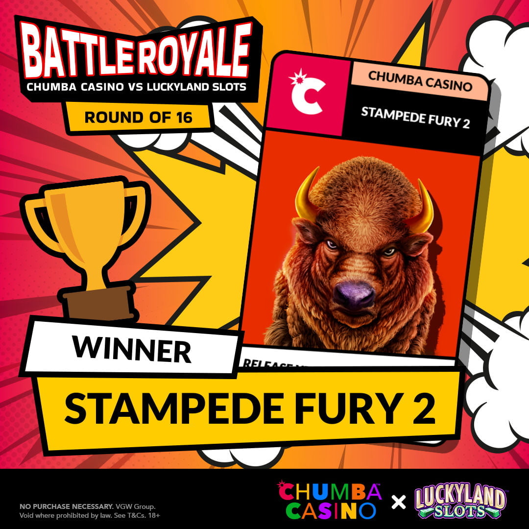 LuckyLandSlots's tweet photo. #Battle5 results are in! Tough break #TeamLuckyLand 😮💨, 'Here, Money Money' gave it's all, but @ChumbaCasino's Stampede Fury 2 galloped ahead for the win. Also, we're shaking things up a bit! #BATTLE6 IS STARTING TODAY, 8:00PM PT! #BattleRoyale https://t.co/Ovf1ZlIocP https://t.co/gjUzKla5Fb