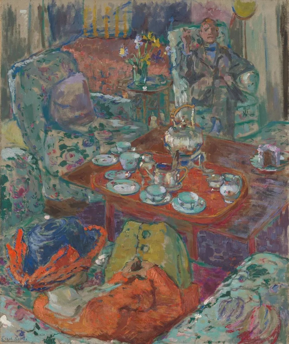 Tate's tweet image. Time for a cuppa? ☕ 

Our #WorkOfTheWeek is Ethel Sands’s vibrant painting of the artist's two friends, painters Walter Sickert and Nan Hudson. As the teas brew, it seems that Sands has left her chair to capture the moment.

🛋️ On show in #NowYouSeeUs bit.ly/3It10IG