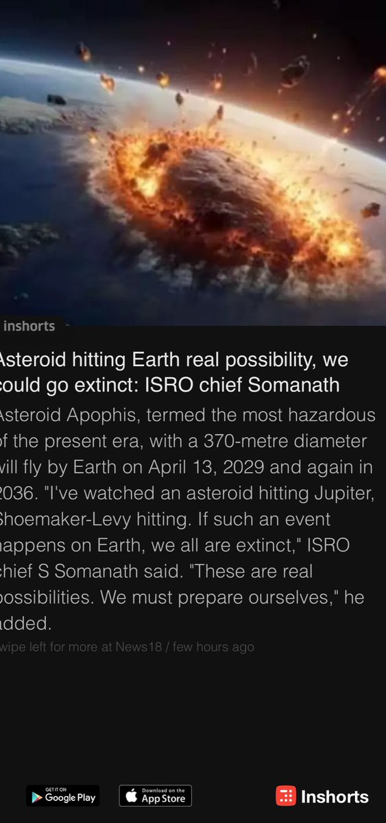 Wish this just happened asap. This world is not getting any better anyways! Asteroid hitting Earth real possibility, we could go extinct: ISRO chief Somanath
shrts.in/vEcTh
 -via inshorts