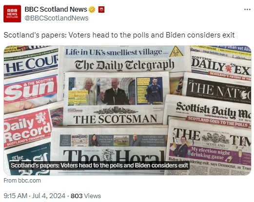 Notice no headlines? This is because to do so would breach election guidelines. Why? Because it could influence the result by showing political bias.

Which raises the question. Why is BBC Scotland allowed to promote political bias every other day?