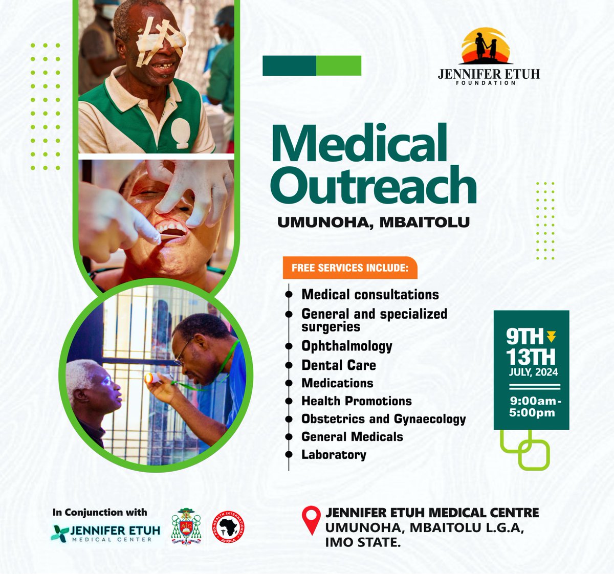 EtuhJennifer's tweet photo. Health, education, and economic stability are key to a good life. The Jennifer Etuh Foundation is bringing another Medical Outreach to Imo State from July 9-13. Join us for free health checks and treatments. Spread the word and bring your loved ones! 💪❤️ #MedicalOutreach #jef https://t.co/fKJHDJhDOK