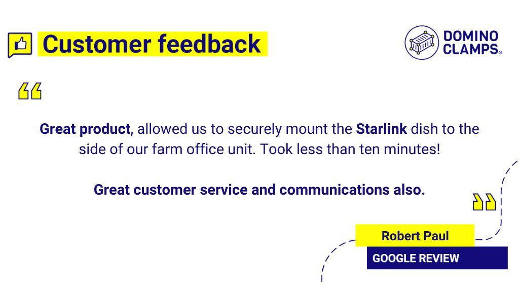 Our customer used our Starlink Kit to mount their Starlink v2 to a Shipping Container 📡

Thanks for the 5 Star review Robert!

⭐⭐⭐⭐⭐ 

#dominoclamps #shippingcontainers #starlink