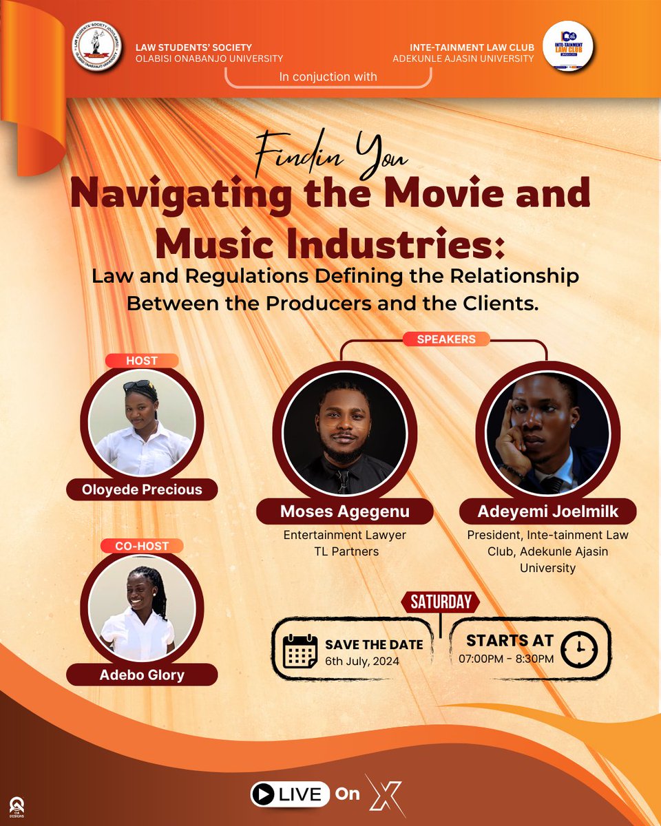 lawssoou's tweet image. The LAWSS Secretariat is excited to present the last of the #FindingYou phase one series, themed:

NAVIGATING THE MOVIE AND MUSIC INDUSTRY: Laws and Regulations Defining the Relationship Between the Producers and Clients.

Date: 6th of July, 2024.
Time: 7-8:30pm.

#ooulawss