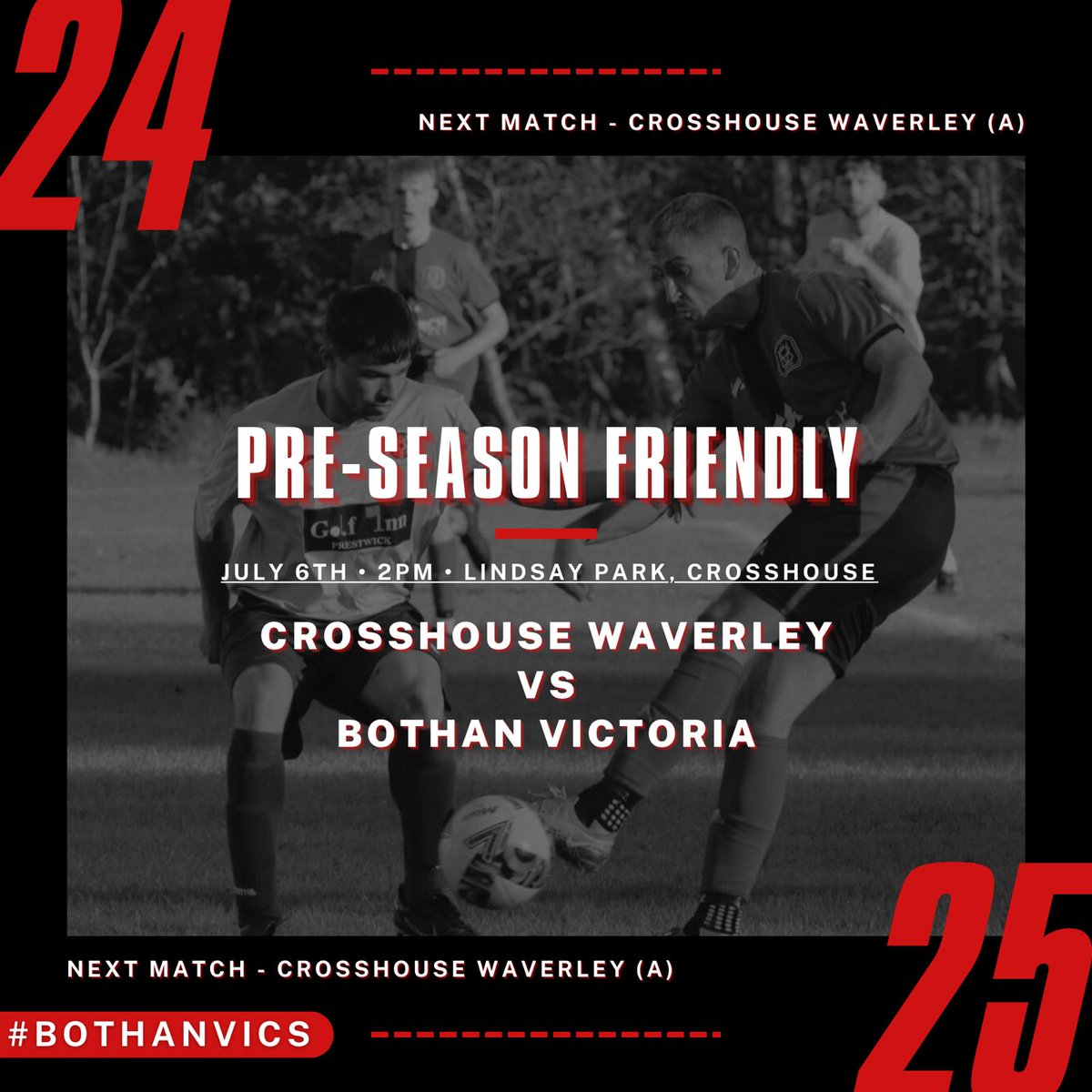BothanVicsAFC's tweet photo. 🚨𝗨𝗽𝗰𝗼𝗺𝗶𝗻𝗴 𝗙𝗶𝘅𝘁𝘂𝗿𝗲🚨

After a long 10 weeks, this Saturday, we are back in action for our first pre-season friendly of the season against @CrosshouseWavAF. 

#BothanVics🔴⚫️ https://t.co/E1tP7uuV0j