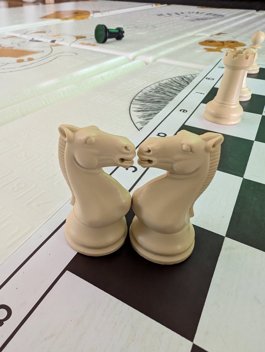 Teaching my 3 year old daughter some chess. She set up the knights like this and says they're in love 🙃