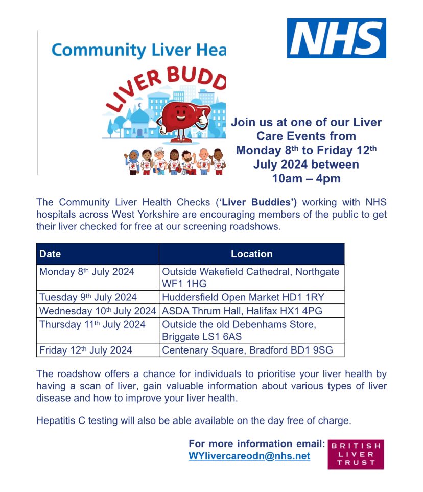The West Yorkshire Liver Care ODN is holding a series of events in the community to offer liver scans and Hepatitis C testing. Please share &amp; pop along.