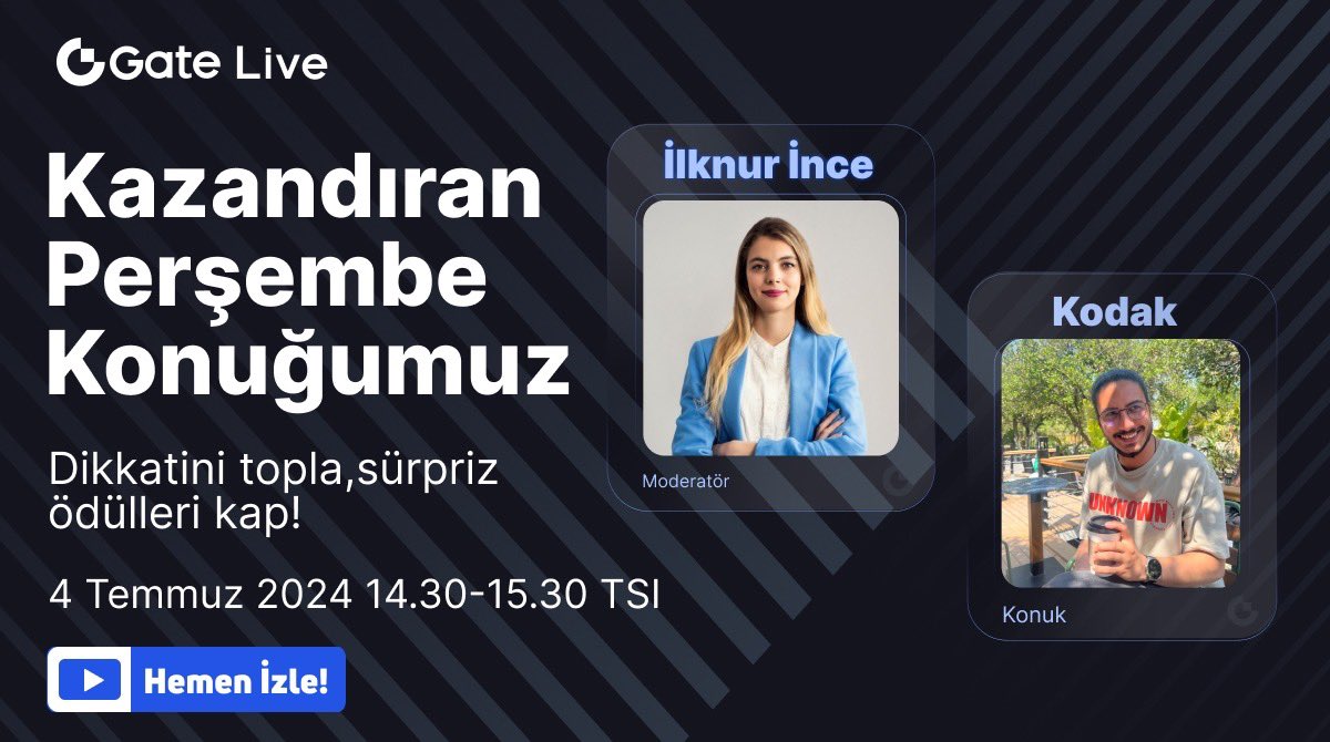 📣 Kazandıran Perşembe'de bugün @iilknurince ve <a href="/TradeKodak/">Kodak</a> ile #GateLive'dayız! 

🎁 Sürpriz hediyeler için bu yayını kaçırmayın! 😎

⏰ Bugün, Saat 14:30 - 15:30