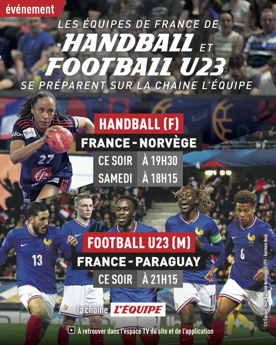 Prépa #Paris2024 ✨

🤾‍♀️ Handball (F)
🇫🇷 France - Norvège 🇳🇴
⏰ Ce soir à 19h30

⚽️ Football U23 (M)
🇫🇷 France - Paraguay 🇵🇾
⏰ Ce soir à 21h15