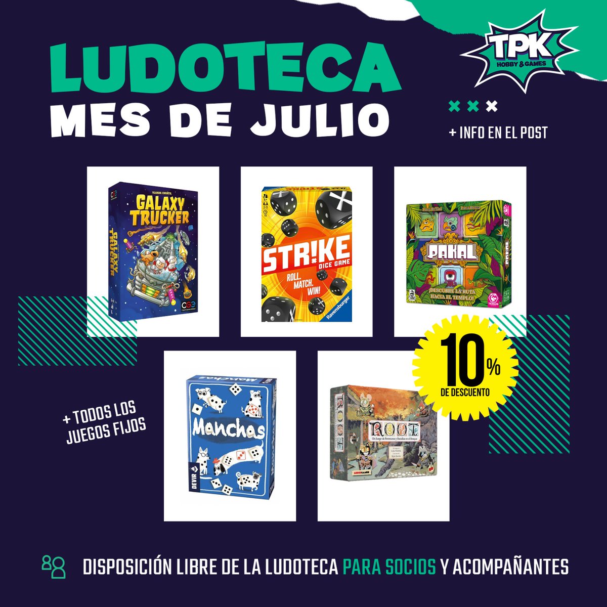 TPKHobbyGames's tweet photo. Os dejamos más ofertas por aquí: ¡nuestra ludoteca de julio ya está disponible, y todos sus juegos están a un 10% de descuento durante todo el mes! Además... ¡los juegos de Kilómetro 0 están a un 15% de descuento! Todo esto acumulable a vuestro descuento para socios... https://t.co/1WKikX4ARR