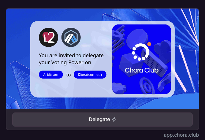 ChoraClub's tweet photo. 🚨 New feature alert!

Delegates can now share personalized Farcaster frames on @farcaster_xyz.

Share your unique profile URL, making token delegation simpler and more visible.

No more complicated steps—just seamless interaction.

Create yours on 👇

https://t.co/e8msqtwBXZ https://t.co/AmHBoYts3n