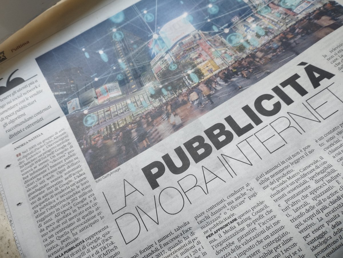 La pubblicità divora internet. Oggi su <a href="/ilmanifesto/">il manifesto</a> leggendo il nuovo di libro di Marco Carnevale "La pubblicità dell'apocalisse".
ilmanifesto.it/la-pubblicita-…