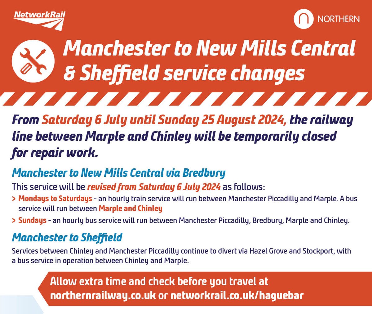 northernassist's tweet image. ⚠️The Railway line between Marple and Chinley will be temporarily closed between Saturday July 6th and Sunday 25th of August for repair work.

Please check your journey, and information below if you are travelling on this line.

journeycheck.com/northern

#NorthernUpdates
