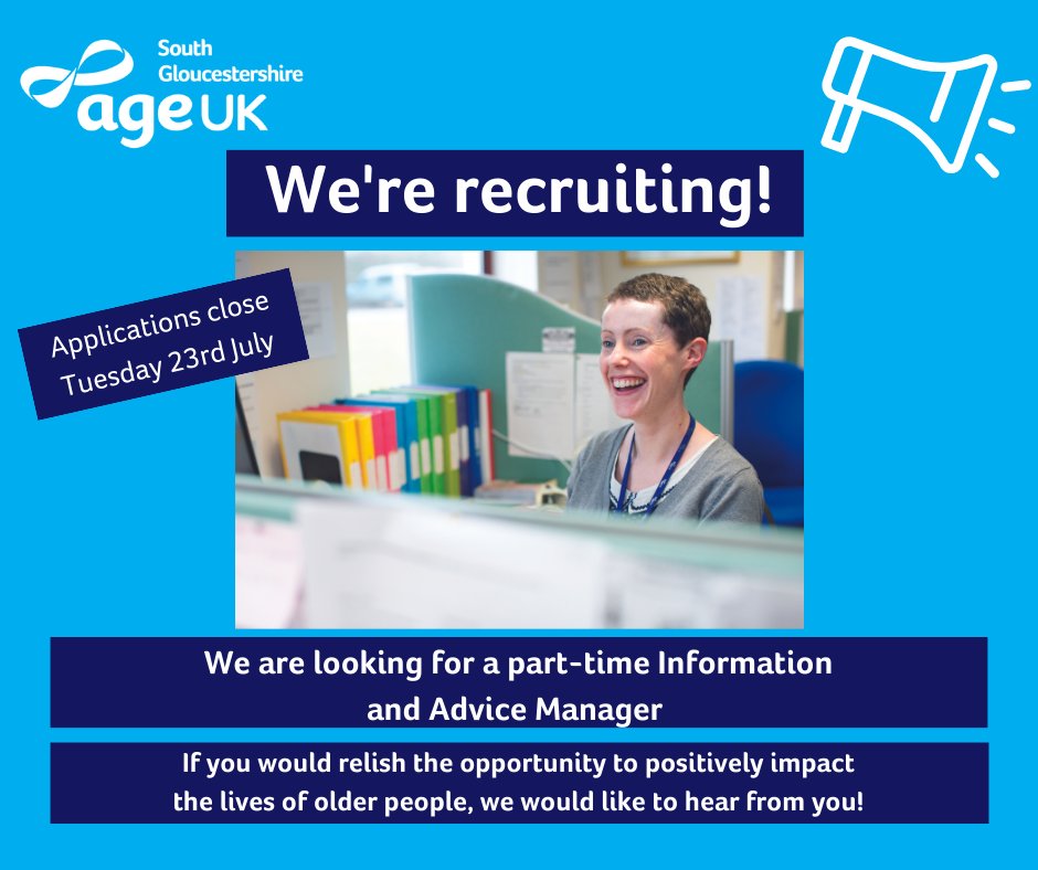 age_uk_sg's tweet photo. Are you looking for a new role? If you have excellent communication skills and the ability to work positively and creatively with older people, then working for Age UK South Glos could be perfect for you! 

We are looking to recruit an Information and Advice Manager. https://t.co/dbwziz8u8F