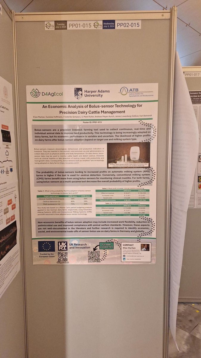 E. Maritan, <a href="/HarperAdamsUni/">Harper Adams University</a>, held a poster presentation on the Bolus-sensor economics during AgEng2024 conference!
Are you aware of this technology?
Stay tuned for the forthcoming fact sheets from the <a href="/D4AgEcol/">D4AgEcol</a> #DTSW! 
d4agecol.eu/atb-potsdam-ge…