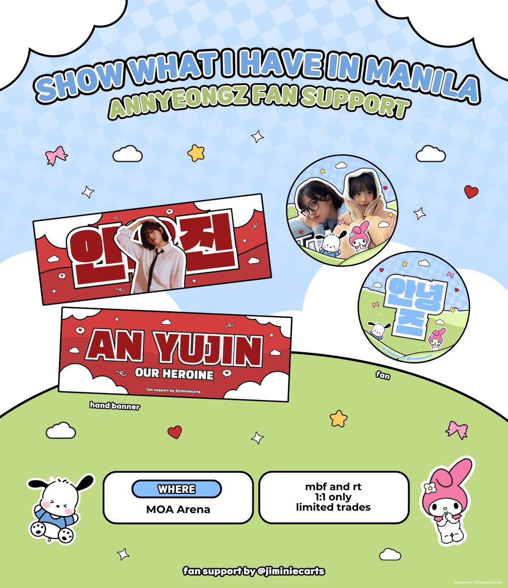 for annyeongz ☁️˚｡⋆୨୧˚

show what i have in manila fan support by <a href="/jiminiecarts/">pan ☻</a>

hi! i prepared a little something to give away on concert day! hope to see you there ◡̈

see mechanics below. say hi and show me the tweet to claim! 

#SHOW_WHAT_I_HAVE_IN_MANILA
#IVE_WORLD_TOUR