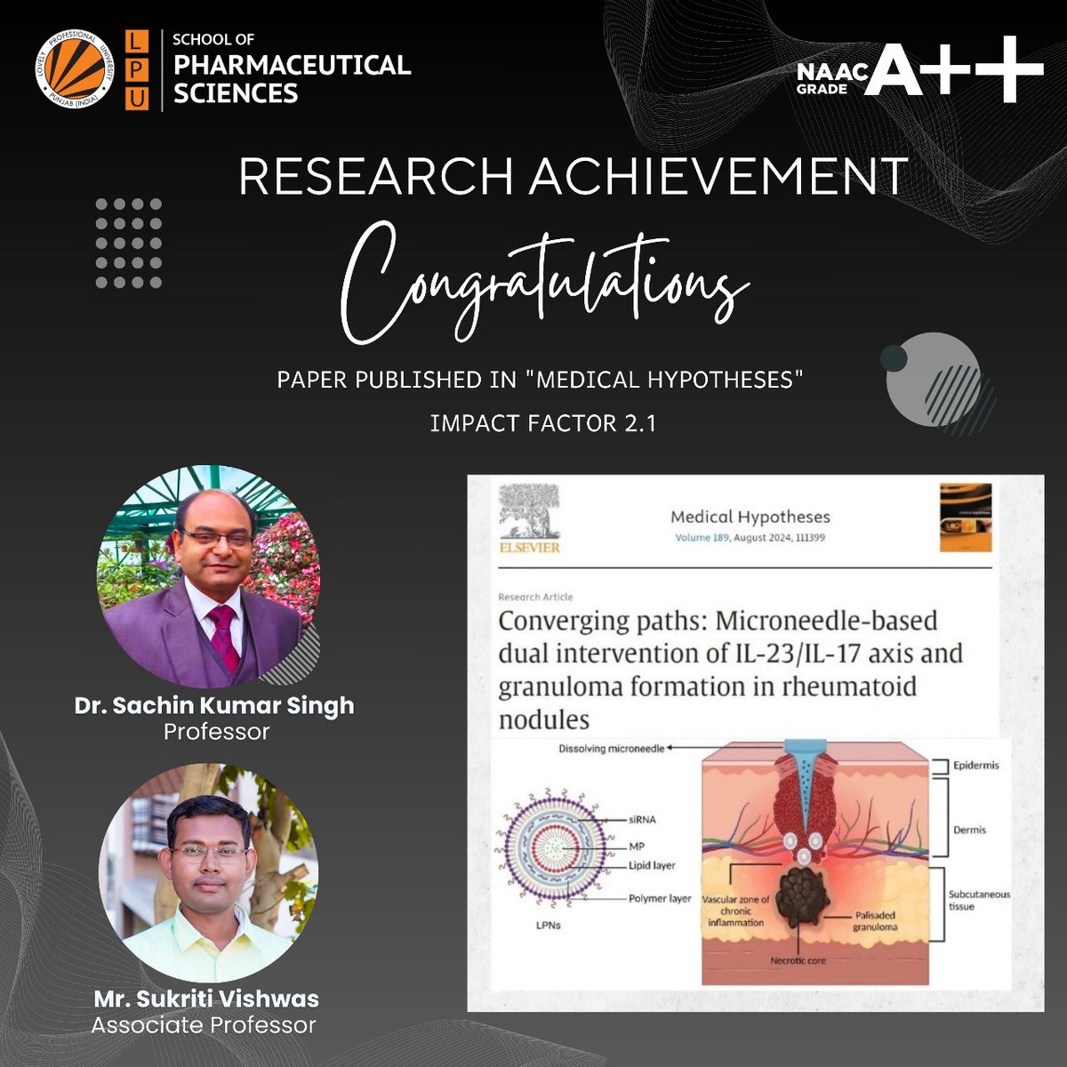 School of Pharmaceutical Sciences, LPU congratulates Dr. Sachin Kumar Singh and his team for their publication in the journal "Medical Hypotheses" with an Impact Factor of 2.1. #lpu #lpuuniversity #lpupharmaceutical #thinkbig <a href="/SachinK00306908/">Sachin Kumar Singh</a> <a href="/sukriti_vishwas/">翔(20)</a>
