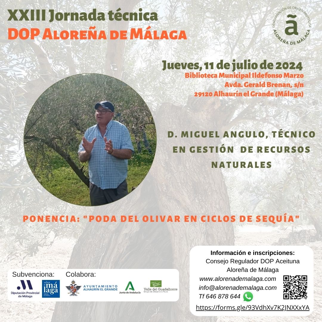 AlorenaDeMalaga's tweet photo. XXIII JORNADAS TÉCNICAS #DOP #ALOREÑA DE #MÁLAGA 
D. Miguel Angulo será uno de los ponentes. Inscríbete en https://t.co/mycNpZRJQW Subvencionado por @diputacionMLG y @SaboraMalaga #jornadaaloreña #olivar #territorio #formacion #podaolivar #repilo #secano @Ayto_Alhaurin https://t.co/RThyFB3YcS