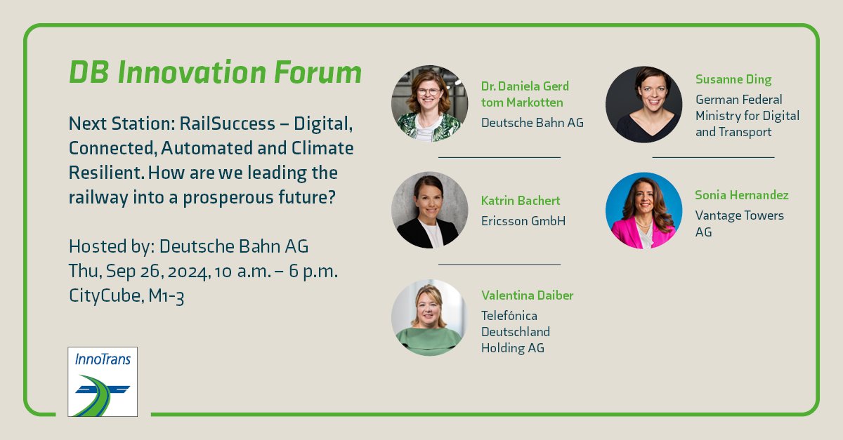 InnoTrans's tweet photo. 🚄📡 DB Innovation Forum - Connectivity in trains: #GigabitInnovationTrack #GINT👩‍💼 Panelists: Dr. Daniela Gerd tom Markotten @DB_Presse, Valentina Daiber @Telefonica_de, Susanne Ding @bmdv, Katrin Bachert @Ericsson, Sonia Hernandez @VantageTowers. #InnoTrans2024 https://t.co/p4tlDo25RR