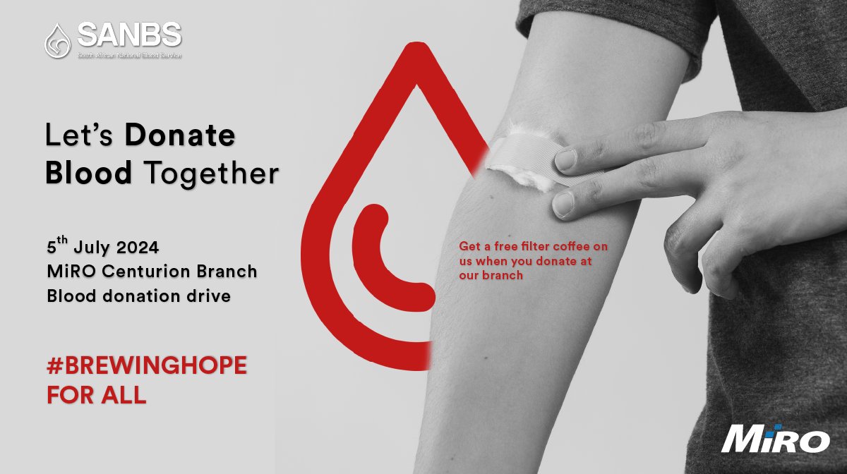 MiroDistributor's tweet image. #Donateblood at our Centurion branch today and Receive a FREE coffee as a &apos;thank brew&apos; for being a #lifesaver .💙 Join us in saving lives one cup and one pint at a time. ☕💉

#blooddonation #freecoffee #savelives #blooddrive #brewinghopeforall