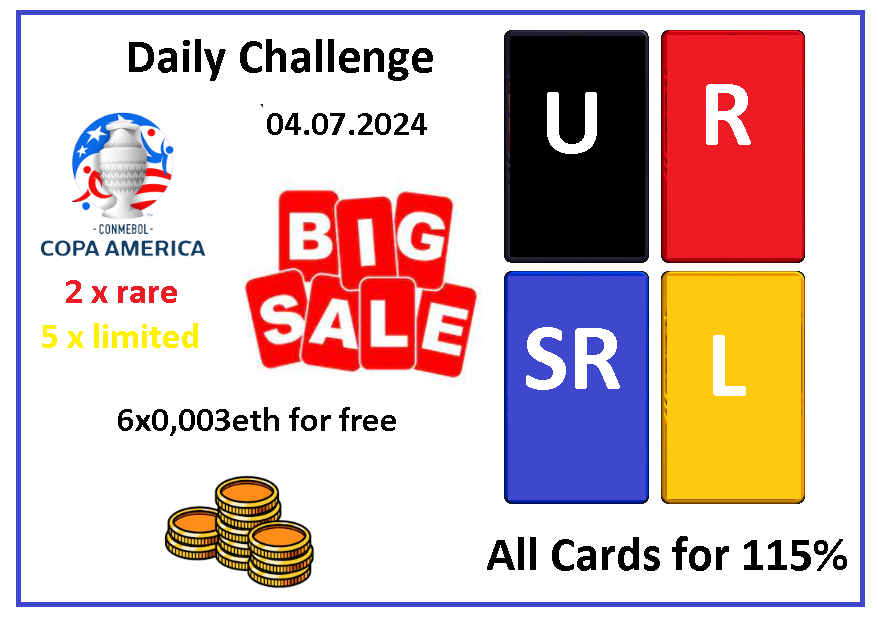 Its time for <a href="/Sorare/">Sorare</a> Challenge 04.07.2024 📢

1⃣ Swap ALL my CARDS for 115% of Your cards value 💯
1⃣ 2 Rare and 5x Limited Cards form Copa America for 7 random people who make at least one transaction with me within 24 hours 🕐
3⃣ 6x 0,003eth for FREE! Just Leave Your <a href="/Sorare/">Sorare</a>