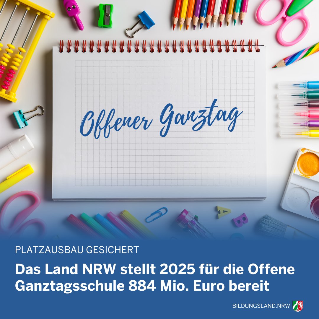 Ab dem Schuljahr 2026/27 greift der jahrgangsweise aufwachsende Rechtsanspruch auf ganztägige Förderung für Kinder im Grundschulalter. 🏫 👧 👦 
Beginnend mit dem Haushaltsentwurf für das Jahr 2025 plant das <a href="/landnrw/">Staatskanzlei NRW</a> mehr Geld für deutlich mehr Plätze. ⤵️ 1/3
