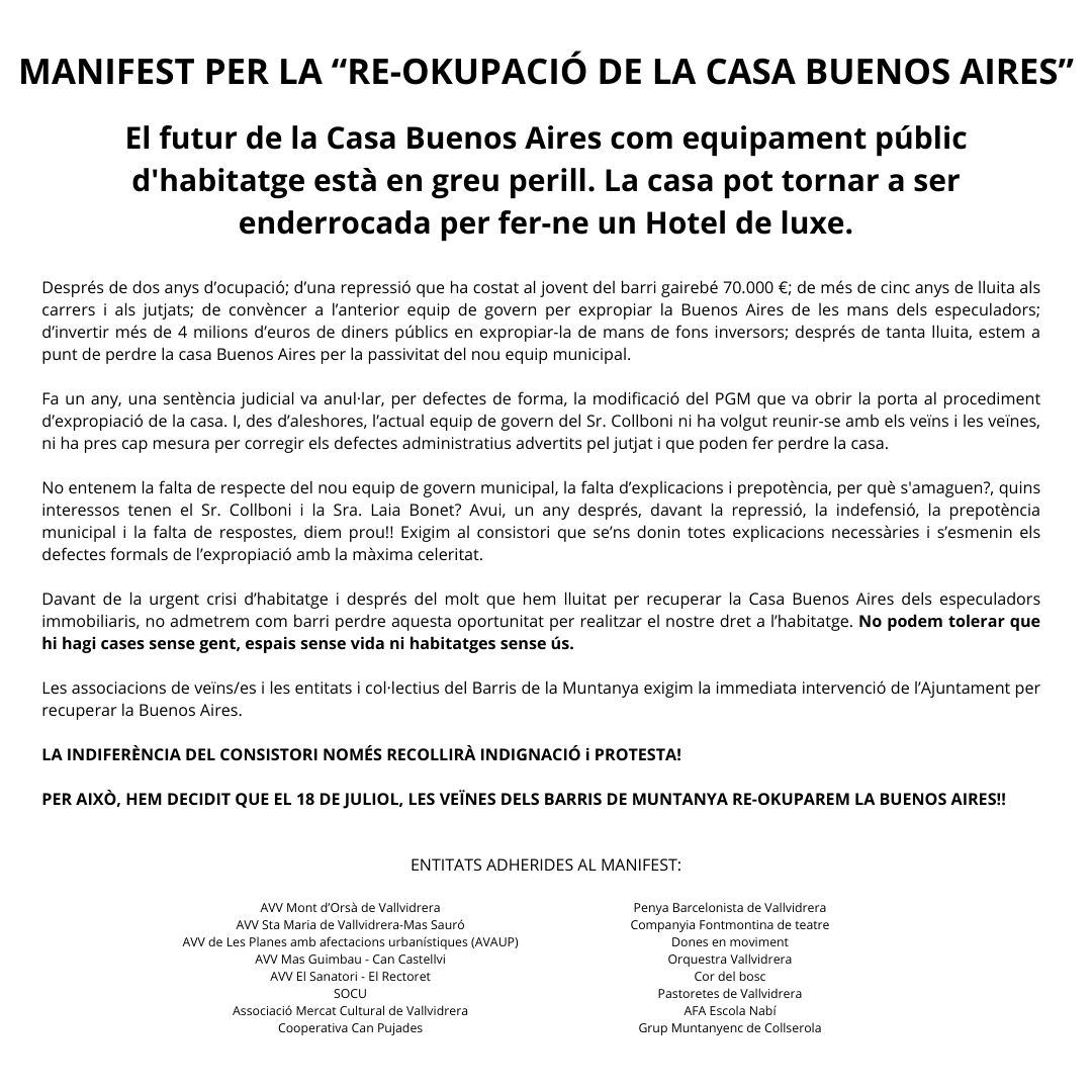 #ReokupemBA 

Davant el silenci administratiu que amenaça l'expropiació de la #CasaBuenosAires, les veïnes i entitats dels barris de muntanya #Collserola, s'organitzen per a reokupar-la.

🗓️ 18 de juliol a les 19h

Manifest 👇👇
#FemPoble