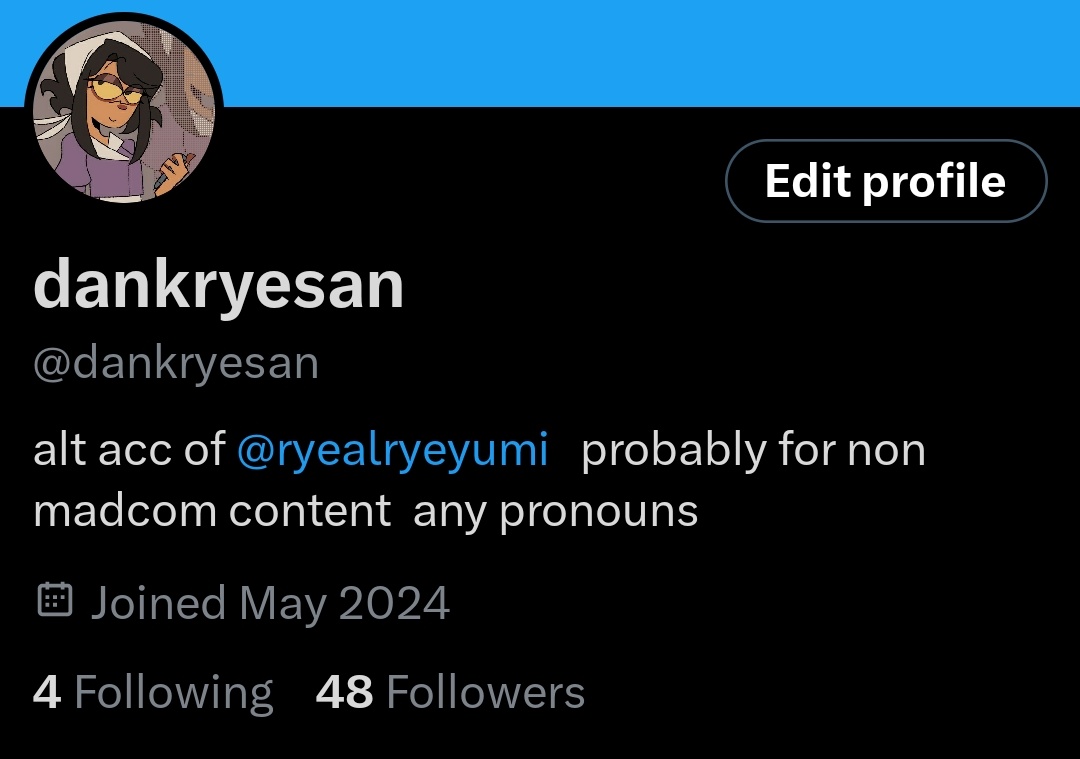 hey yall i have an alt for non madcom content btw js realized ive never announced it outside of my bio woops