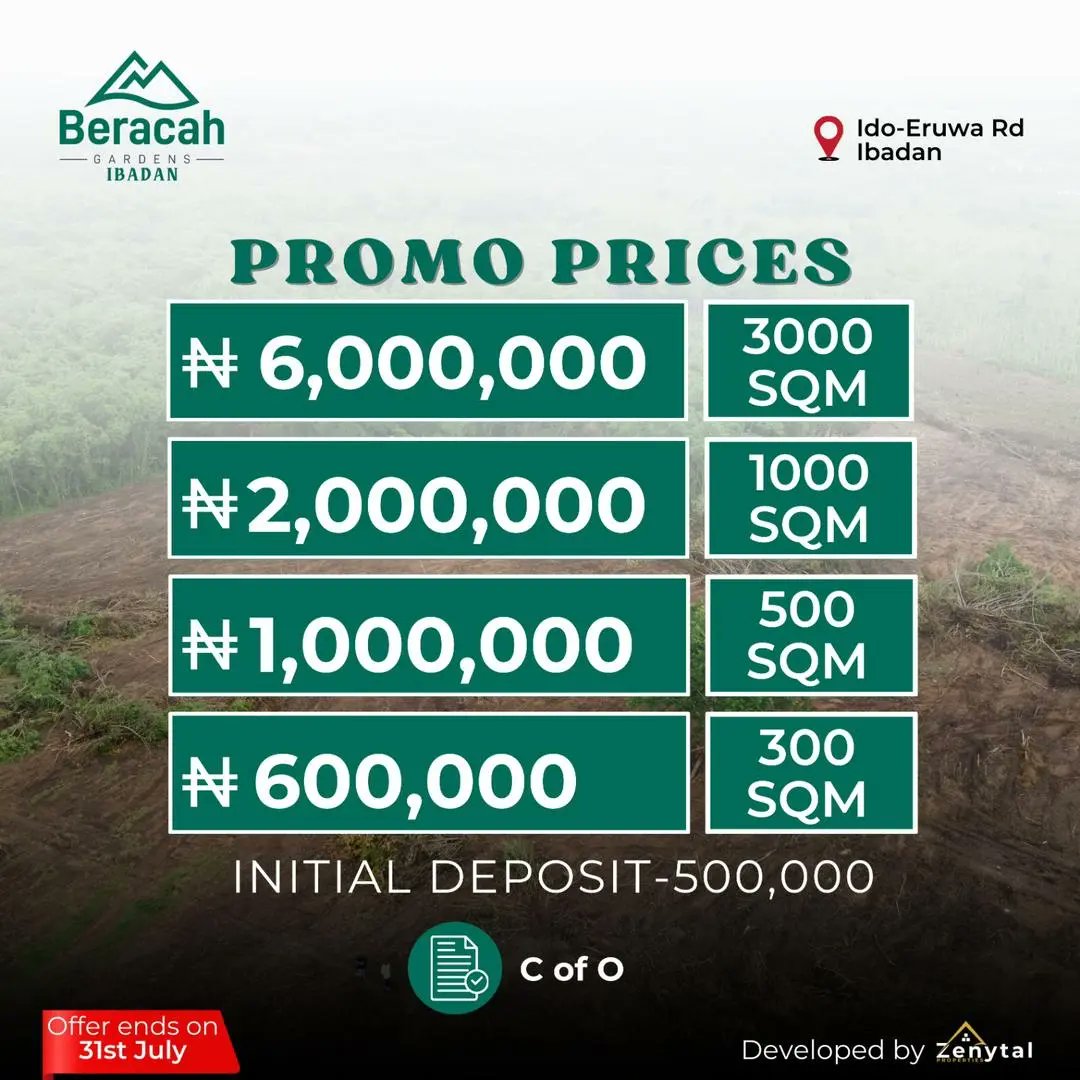Udy_doubleplus's tweet photo. Become a landowner at Ibadan with just N1m.  Beracah Gardens, Ibadan is located near  Ibadan City Polytechnic, Omi Train Station and  Ido Market. Lock down a plot today with 500k and spread the rest within 6 months interest free. Call 07083763538 for details. https://t.co/2mIcWtxYZh