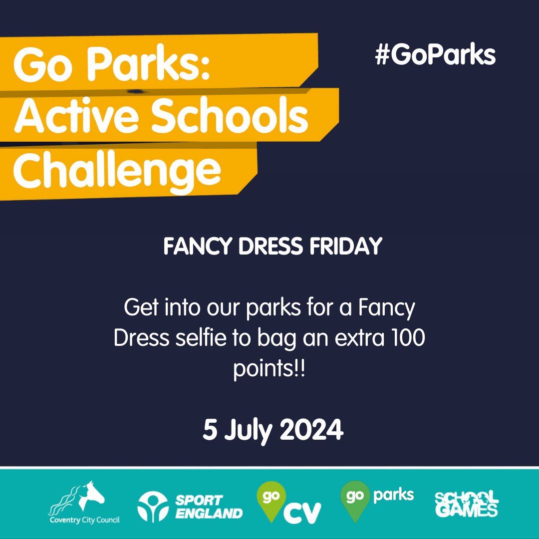 CovSport's tweet image. ❗FANCY DRESS FRIDAY❗

This is your chance to win an extra 100 points for your school.

Your fancy dress can be anything – but as today marks the start of @godivafestival 2024, perhaps you may want to give it a ‘Festival’ theme!?

#GoParks @SGOCoventryWest @SGOCoventryEast