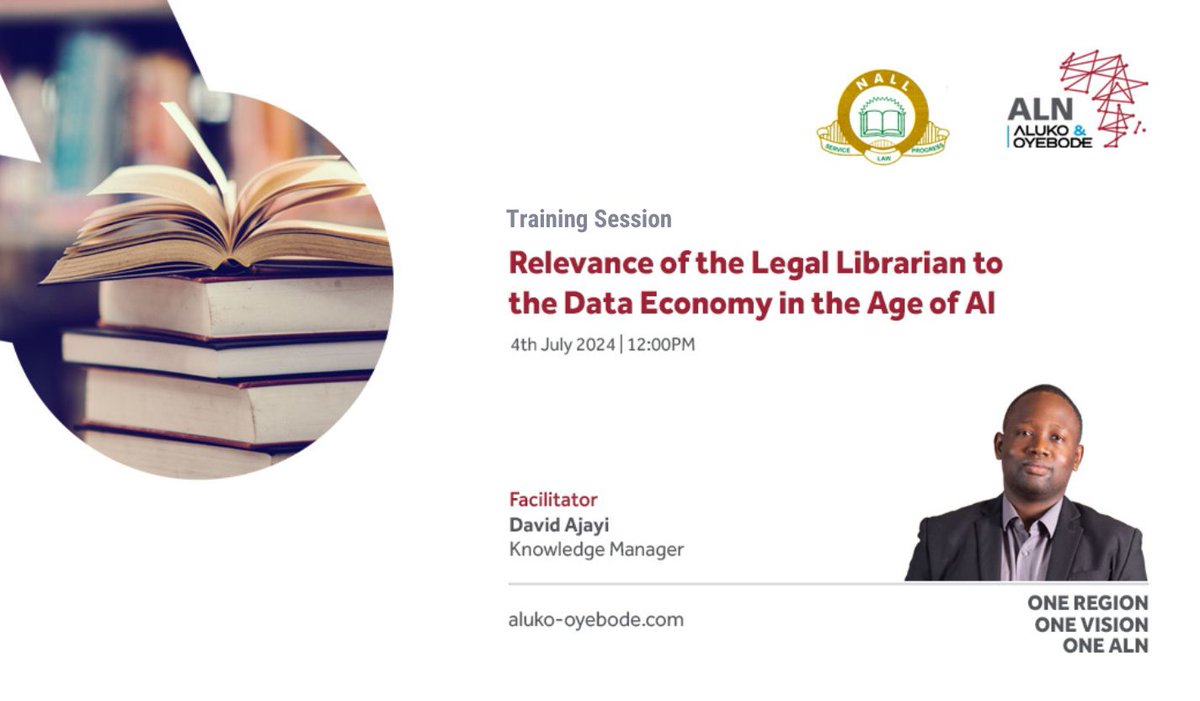 Aluko_Oyebode's tweet photo. Our Knowledge and Business Intelligence Manager, David Ajayi, will be sharing his expertise at the upcoming General Meeting of the Nigerian Association of Law Libraries (Lagos State Chapter) today, July 4, 2024. https://t.co/Cm0QWdxeyy