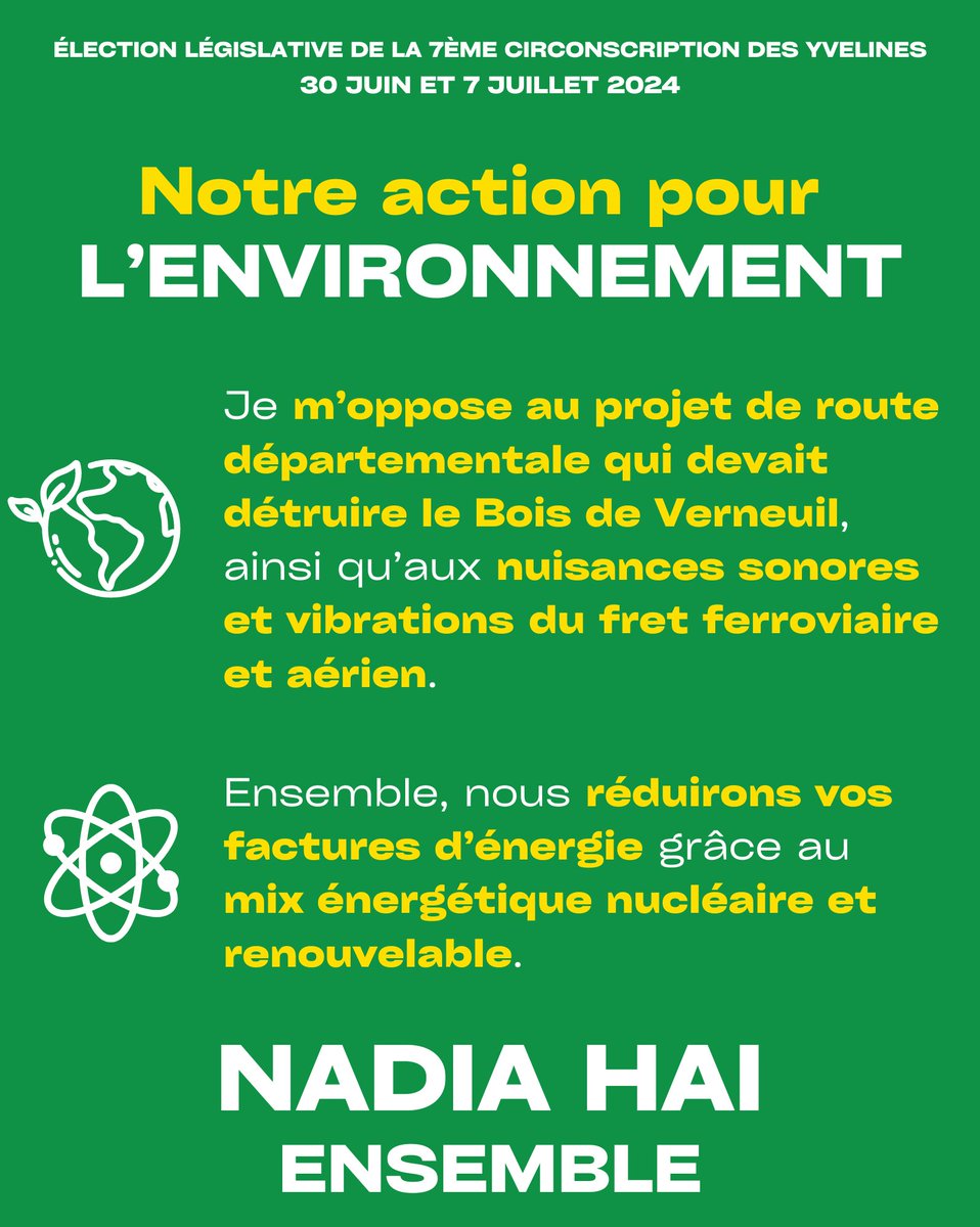Dans la 7ème circonscription des Yvelines, j'agis pour l'environnement 🌳🚆

➡️Je m'oppose à la RD154, danger pour le Bois de Verneuil 
➡️Je lutte contre les nuisances sonores et vibrations
➡️Je soutiens le mix énergétique nucléaire &amp; renouvelable

Ensemble, dimanche 7 juillet !