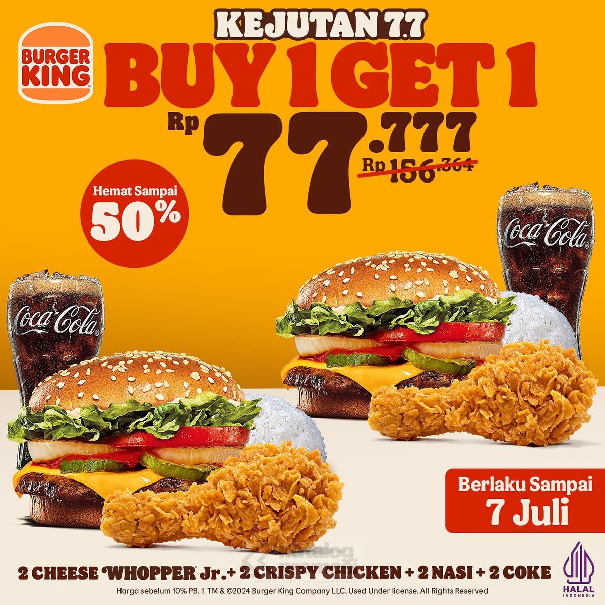 katalogpromosi's tweet photo. KEJUTAN 7.7!!๐ฅณ
MAKAN NIKMAT, SUPER PUAS DARI BURGER KING~
BUY1GET1 cuma 77Ribuan
udah dapat PAKET LENGKAP BERDUA : 2 Cheese Whopper Jr + 2 Crispy Chicken + 2 Nasi + 2 Coke
info dan cara pesannya, ada di sini ๐ https://t.co/JsxuETIloD
#Promo77 #PromoBurgerKing https://t.co/cbZ2bDOTwU