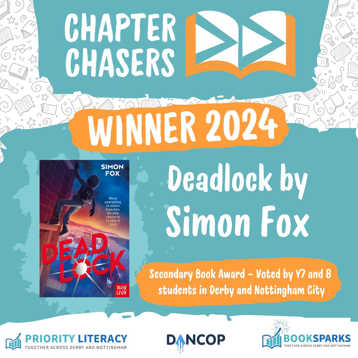 Huge congratulations <a href="/SimonFoxAuthor/">simon fox</a>!👏Thank you to all the students in Derby and Nottingham City who read the Chapter Chasers shortlist and for voting 📘 <a href="/PriorityLit/">Priority Literacy</a>