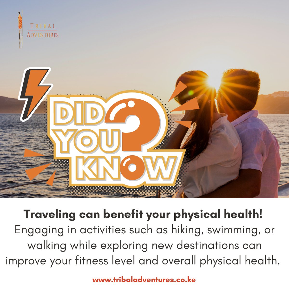 tribaladv's tweet photo. Did you know that traveling can benefit your physical health! Engaging in activities such as hiking, swimming, or walking while exploring new destinations can improve your fitness level and overall physical health.
#TravelForHealth #StayActive #HealthyTravel #ExploreAndExercise https://t.co/FEisrMPRhs