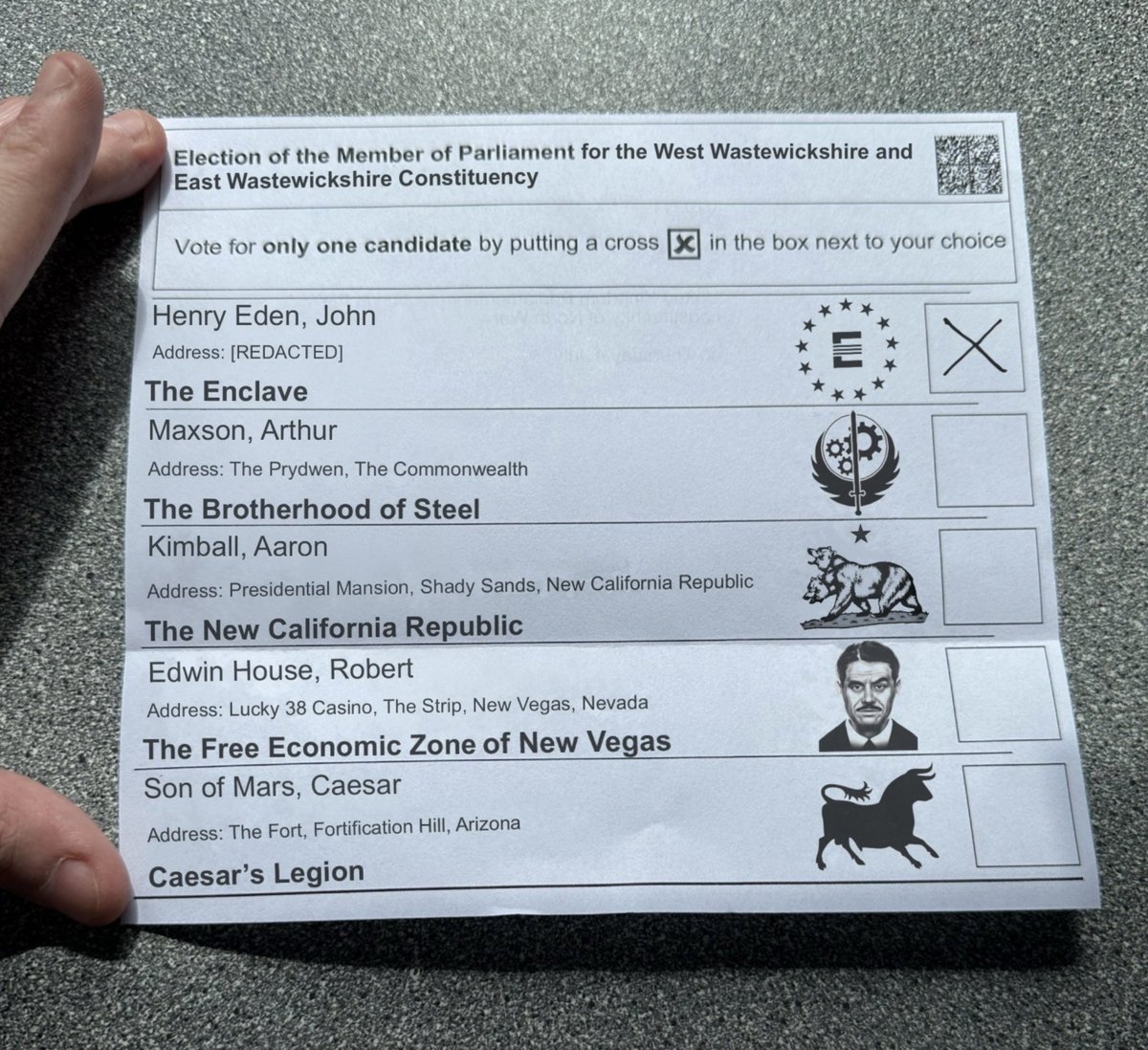 Remember to vote today, folks! 🇬🇧 

(Vote Enclave, or else.)

#GeneralElection2024 #Fallout