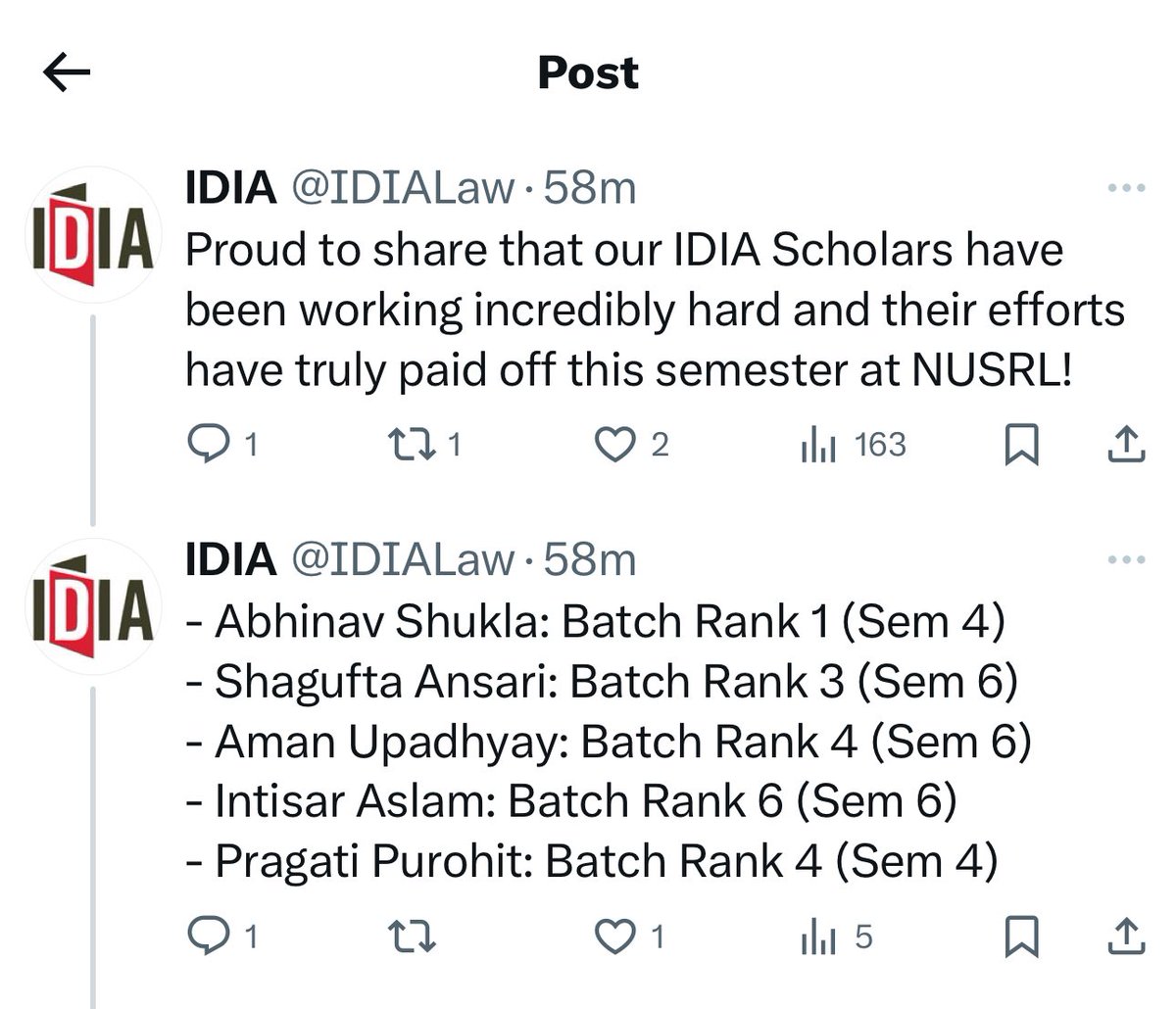 Terrific results by <a href="/IDIALaw/">IDIA Law</a> scholars at NUSRL

Here are the toppers! 

<a href="/MistrySabah/">Sabah Mistry</a> <a href="/Arnabroy_r1/">Arnab</a>