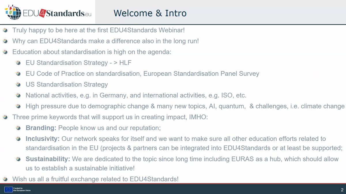 edu4standards (@edu4standards) on Twitter photo ➡️Introduction to EDU4Standards: Pioneering Standardisation Education in Europe webinar: let's get indeed our Agenda! #2
🔸Overview of EDU4Standards project starting from its main objectives and Stakeholders, to the Consortium, Knut Blind, <a href="/FraunhoferISI/">Fraunhofer ISI</a> ➡️Introduction to EDU4Standards: Pioneering Standardisation Education in Europe webinar: let's get indeed our Agenda! #2
🔸Overview of EDU4Standards project starting from its main objectives and Stakeholders, to the Consortium, Knut Blind, <a href="/FraunhoferISI/">Fraunhofer ISI</a>