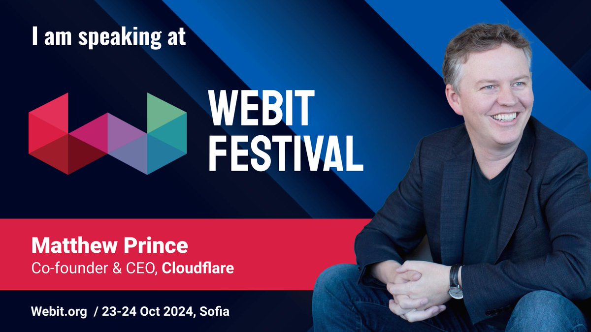 We're thrilled to announce that <a href="/eastdakota/">Matthew Prince 🌥</a> , Co-Founder &amp; CEO of <a href="/Cloudflare/">Cloudflare</a> is our first announced speaker at #WebitFestival2024! 🌐✨

🎯 Don't miss the chance to hear from one of the foremost leaders in tech innovation! 

webit.org/festival-europ…