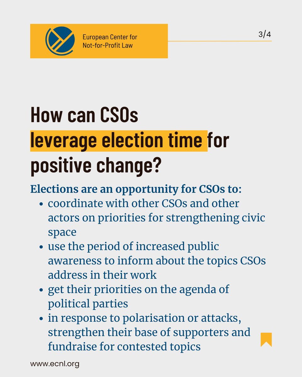 enablingNGOlaw's tweet image. 🟢 #Elections often put pressure on civic space, but they are also an opportunity for coordination and mobilisation. 

How can civil society be supported in this time? Swipe to find out!➡️ 

Read the full blog at: ecnl.org/news/election-…