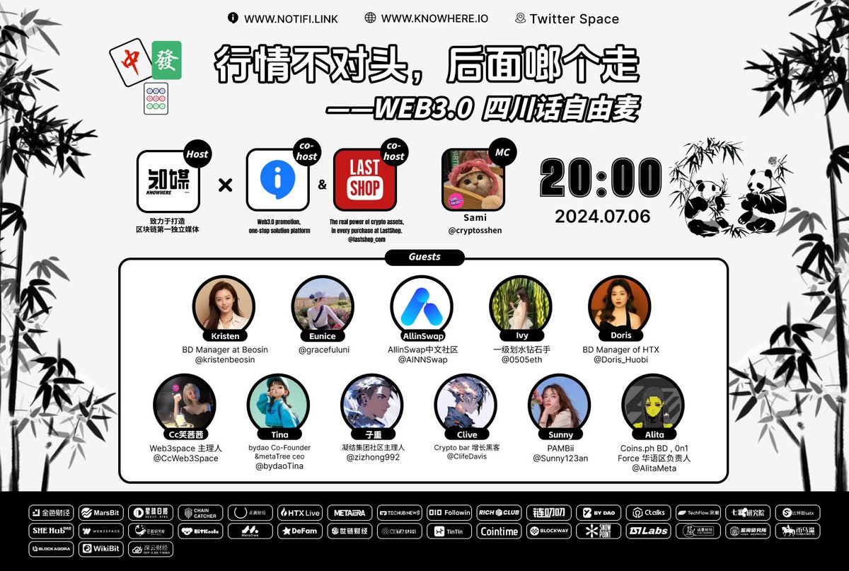 knowhere_io's tweet photo. 🚀 欢迎加入KnowHere知媒Space

🎙️【Web3.0四川话自由麦】🎙️

行情不对头，后面啷个走？
短期内市场面临压力和不确定性，大盘深度回调，牛还在吗？周六晚八点相约Space直播间，听大家用川普开麦畅聊这波行情，不见不散！

⏰7月6日 20:00（UTC+8）

👉点击预约直播：https://t.co/wrZ7XLvE4E

🎙️主持人：KnowHere知媒@knowhere_io 
      共同主持：Sami @cryptosshen 

👤直播嘉宾：
Kristen @kristenbeosin 
Ivy @0505eth 
Eunice @gracefuluni
AllinSwap中文社区@AINNSwap
Cc笑茜茜@CcWeb3Space 
Doris @Doris_Huobi 
Tina @bydaoTina 
子重@zizhong992 
Clive Davis @ClifeDavis 
Sunny @Sunny123an
Alita @AlitaMeta  https://t.co/XNiKT4QkCi  

🎁 抽5位瓜分50U
✅转发+评论@三位好友
✅关注@knowhere_io ➕@NotifiCommunity ➕@lastshop_com 

🎁另抽取5位space听众平分50U
（现场开奖）

#Web3 #Crypto #四川 #Btc #加密货币
