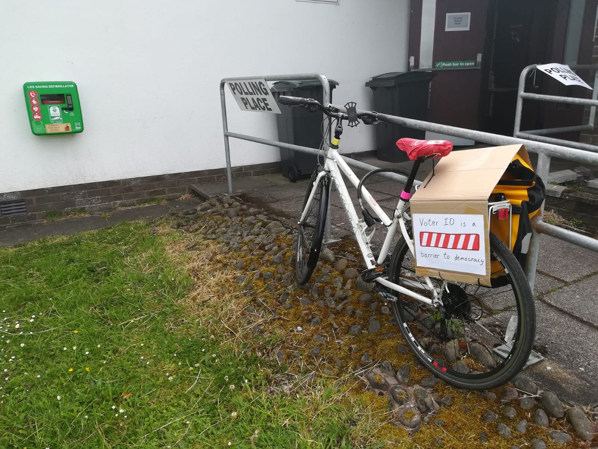 sallyhinch's tweet photo. A pal's one-bike protest against #voterID #BikesAtPollingPlaces #BikesAtPollingStations https://t.co/pOHJQzOmOg