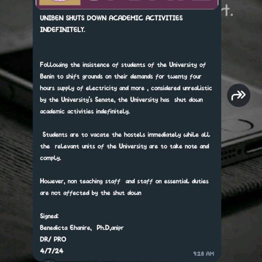 FCBCollins's tweet photo. UNIBEN shuts down academic activities indefinitely over studentsโ protest #unibenprotest https://t.co/LaJbEdZ7Hr